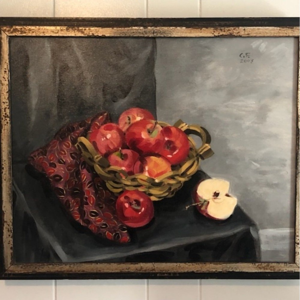 Basket of‎ Apples Still Life Fruit Art Acrylic Painting 16x20 with wood frame.